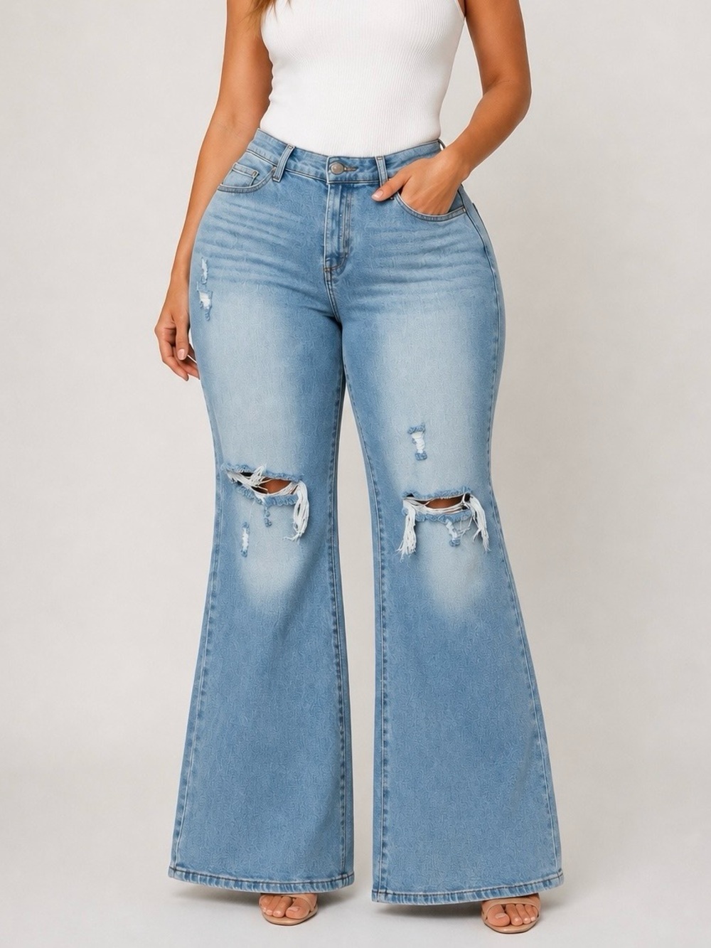 Fashion Nova Light Blue High-Rise Distressed Flare Jeans